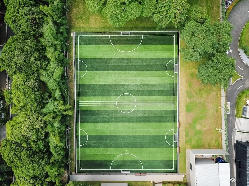 Aerial view of the ISJ football pitch surrounded by trees